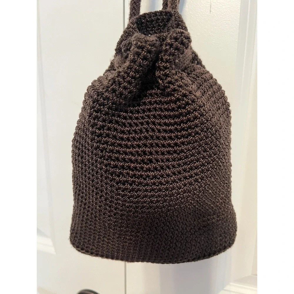 The Sak  Small Crocheted‎ Bucket Purse Drawstring Backpack Boho Bag Dark Brown
